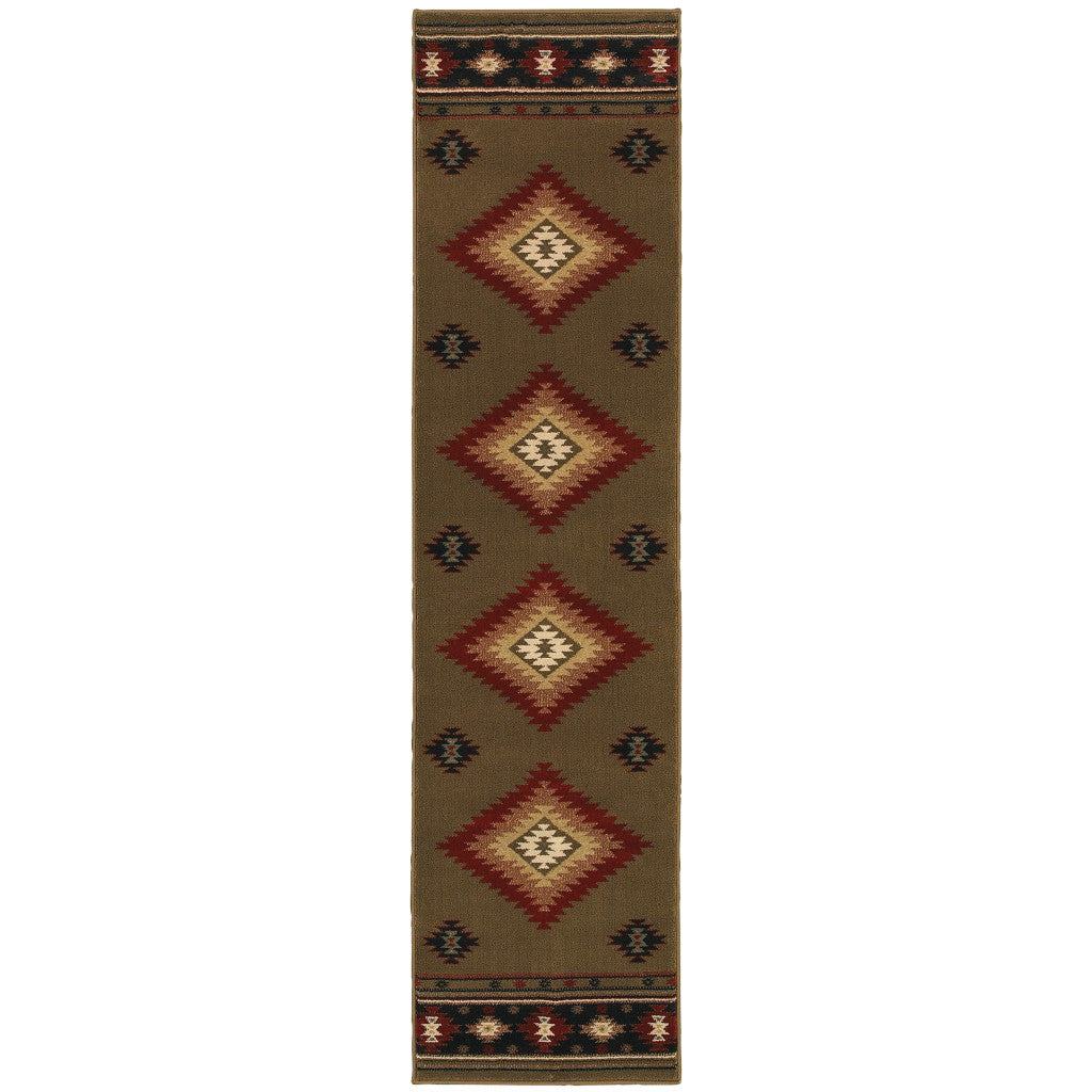 2' X 8' Green Southwestern Power Loom Stain Resistant Runner Rug