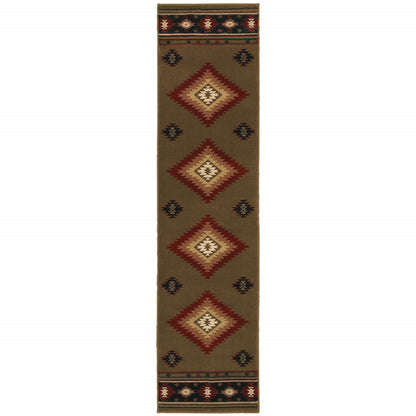 2' X 8' Green Southwestern Power Loom Stain Resistant Runner Rug