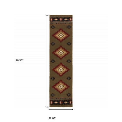 2' X 8' Green Southwestern Power Loom Stain Resistant Runner Rug