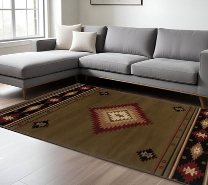 8' X 11' Green Southwestern Power Loom Stain Resistant Area Rug