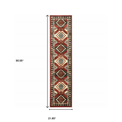 2' X 8' Red Deep Teal Ivory Grey And Green Southwestern Power Loom Stain Resistant Runner Rug