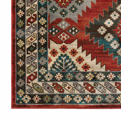 2' X 8' Red Deep Teal Ivory Grey And Green Southwestern Power Loom Stain Resistant Runner Rug