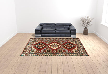 10' X 13' Red Deep Teal Ivory Grey And Green Southwestern Power Loom Stain Resistant Area Rug