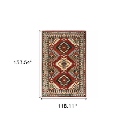 10' X 13' Red Deep Teal Ivory Grey And Green Southwestern Power Loom Stain Resistant Area Rug