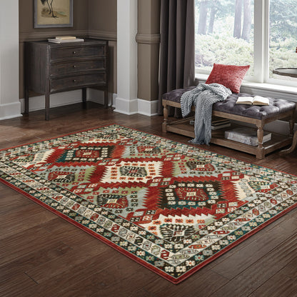 10' X 13' Red Deep Teal Ivory Grey And Green Southwestern Power Loom Stain Resistant Area Rug