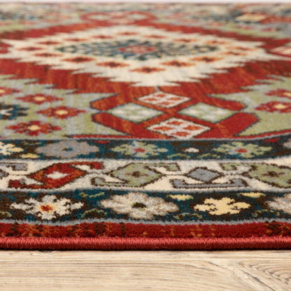 10' X 13' Red Deep Teal Ivory Grey And Green Southwestern Power Loom Stain Resistant Area Rug