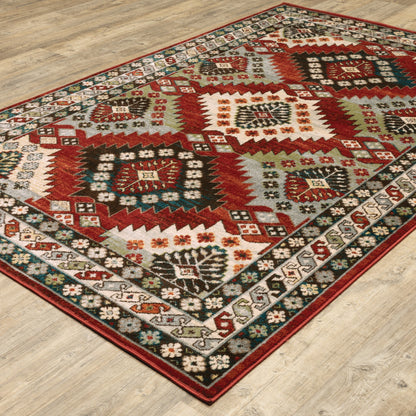 10' X 13' Red Deep Teal Ivory Grey And Green Southwestern Power Loom Stain Resistant Area Rug