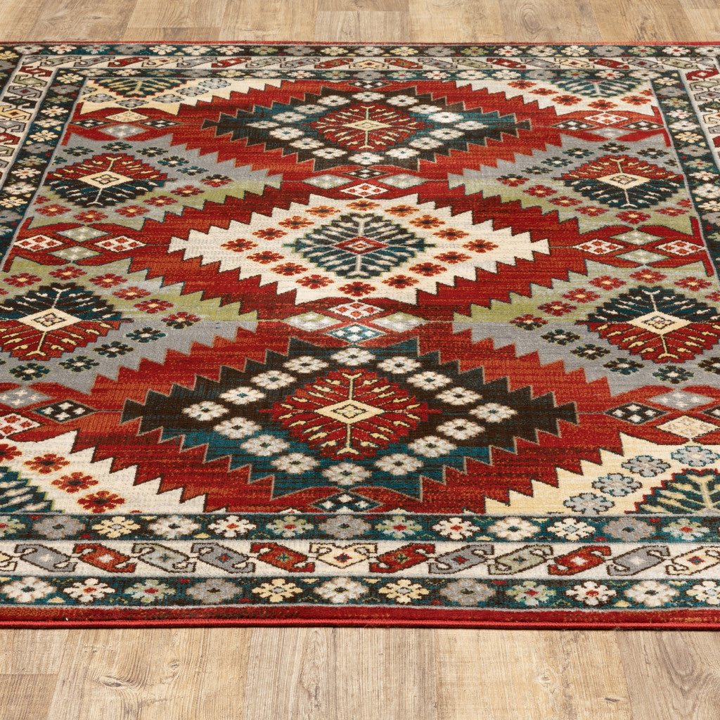 10' X 13' Red Deep Teal Ivory Grey And Green Southwestern Power Loom Stain Resistant Area Rug