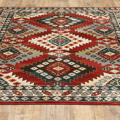 10' X 13' Red Deep Teal Ivory Grey And Green Southwestern Power Loom Stain Resistant Area Rug