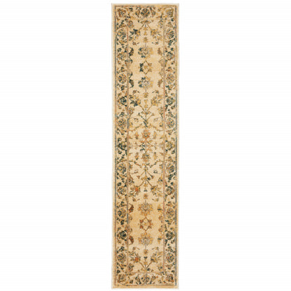 2' X 8' Beige Gold And Teal Oriental Power Loom Stain Resistant Runner Rug