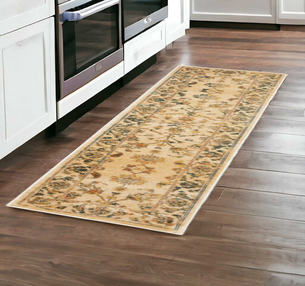 2' X 8' Beige Gold And Teal Oriental Power Loom Stain Resistant Runner Rug