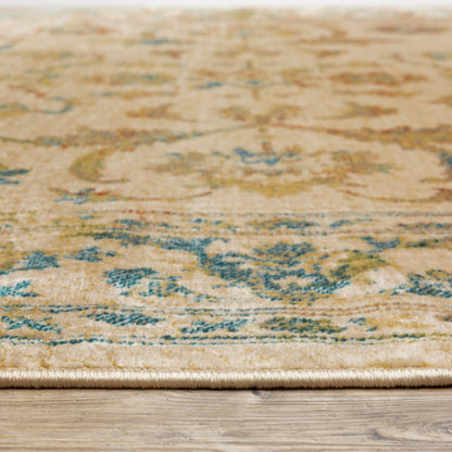 2' X 8' Beige Gold And Teal Oriental Power Loom Stain Resistant Runner Rug