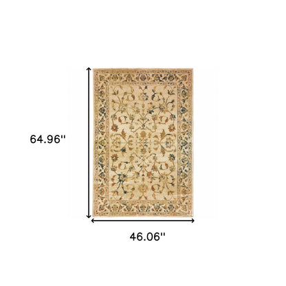 4' X 6' Beige Gold And Teal Oriental Power Loom Stain Resistant Area Rug