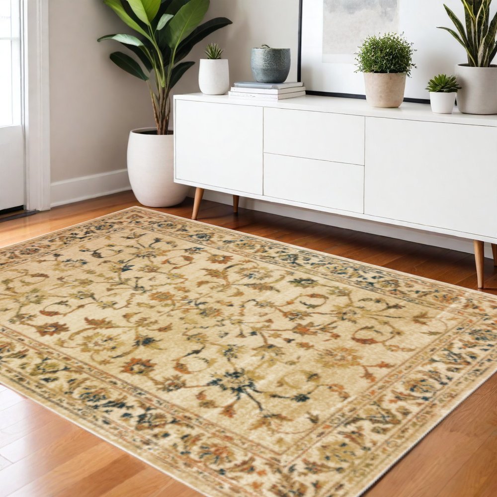 4' X 6' Beige Gold And Teal Oriental Power Loom Stain Resistant Area Rug
