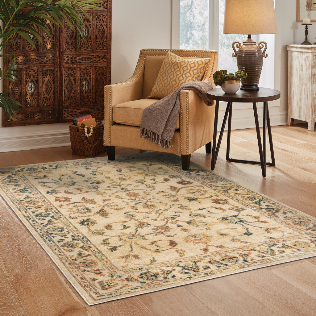 4' X 6' Beige Gold And Teal Oriental Power Loom Stain Resistant Area Rug