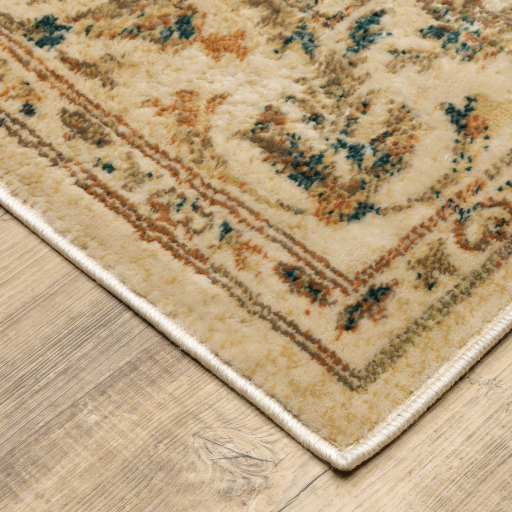 4' X 6' Beige Gold And Teal Oriental Power Loom Stain Resistant Area Rug