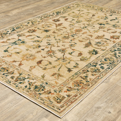 4' X 6' Beige Gold And Teal Oriental Power Loom Stain Resistant Area Rug