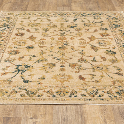 5' X 7' Beige Gold And Teal Oriental Power Loom Stain Resistant Area Rug