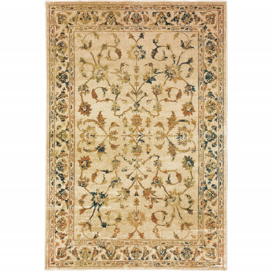 8' X 10' Beige Gold And Teal Oriental Power Loom Stain Resistant Area Rug