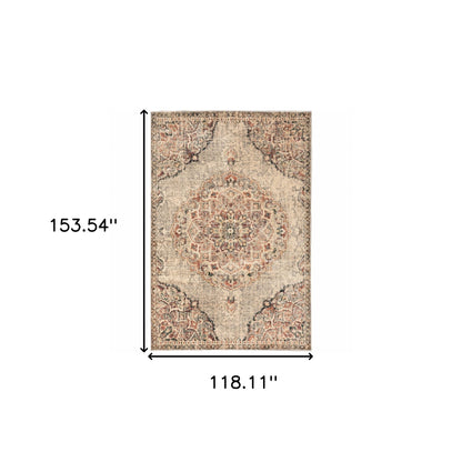 10' X 13' Grey Rust Deep Teal Beige And Orange Oriental Power Loom Stain Resistant Area Rug