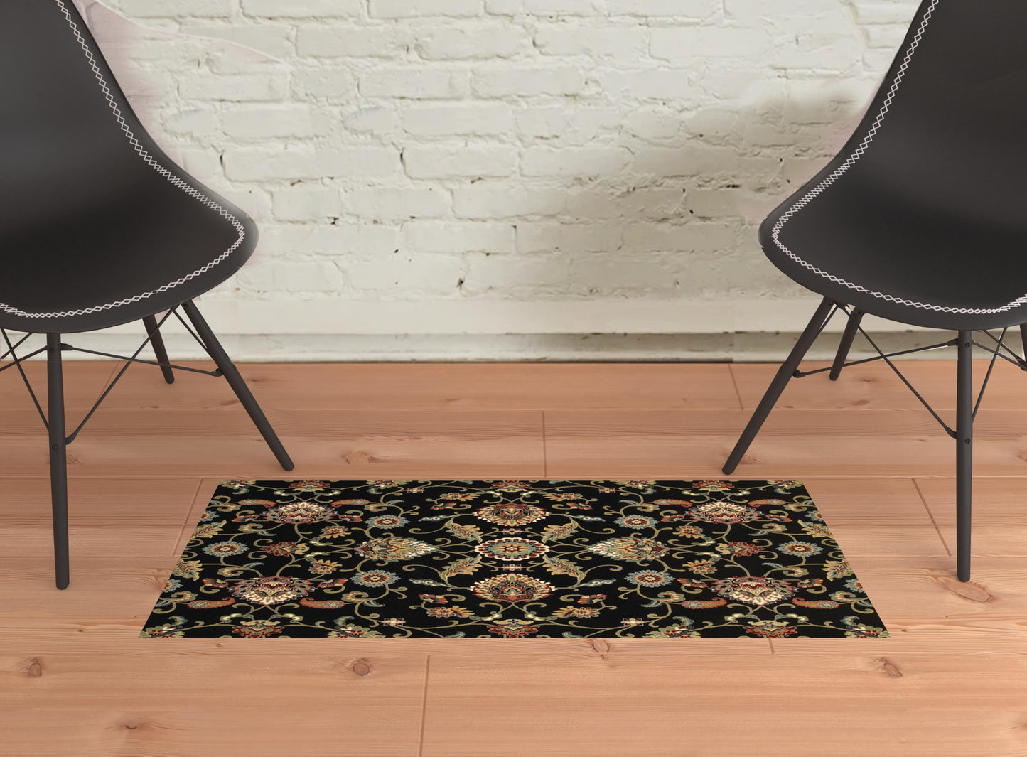 2' X 4' Green and Black Floral Power Loom Area Rug