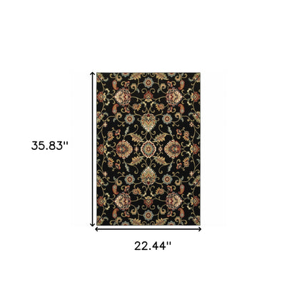 2' X 4' Green and Black Floral Power Loom Area Rug