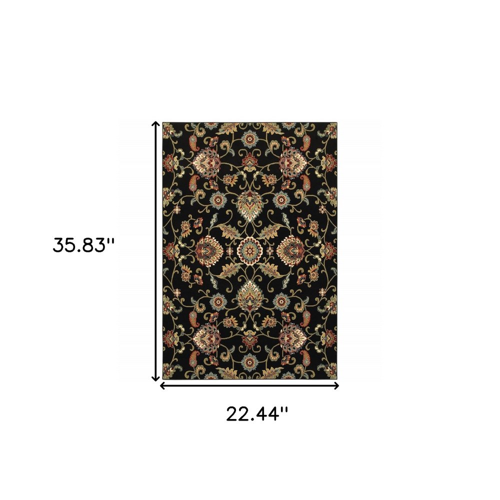2' X 4' Green and Black Floral Power Loom Area Rug
