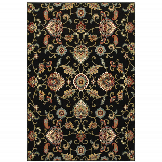 4' X 6' Black Red Green Ivory Salmon And Yellow Floral Power Loom Stain Resistant Area Rug