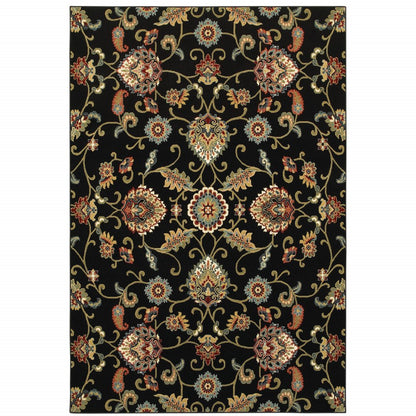 4' X 6' Black Red Green Ivory Salmon And Yellow Floral Power Loom Stain Resistant Area Rug
