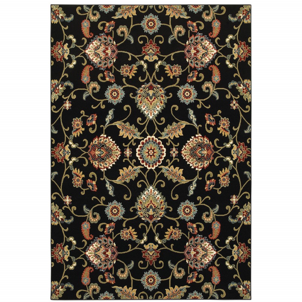 4' X 6' Black Red Green Ivory Salmon And Yellow Floral Power Loom Stain Resistant Area Rug