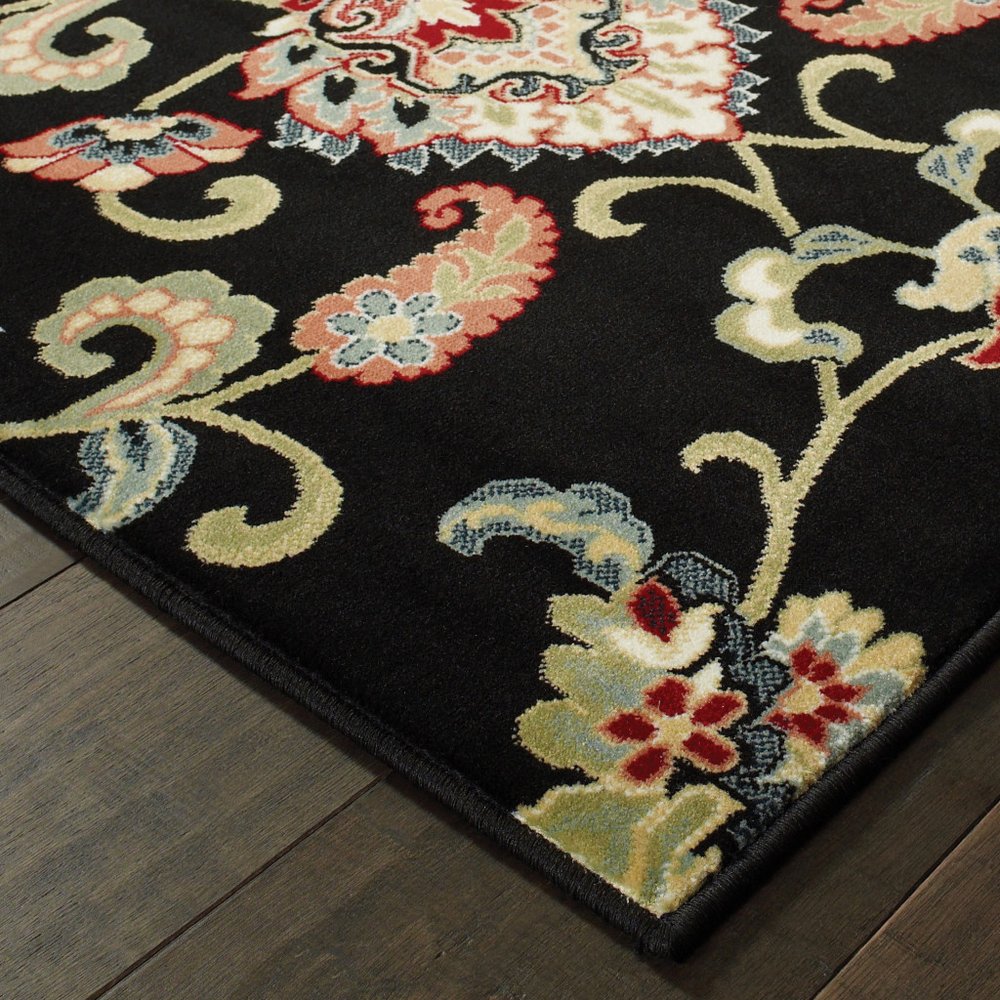 4' X 6' Black Red Green Ivory Salmon And Yellow Floral Power Loom Stain Resistant Area Rug