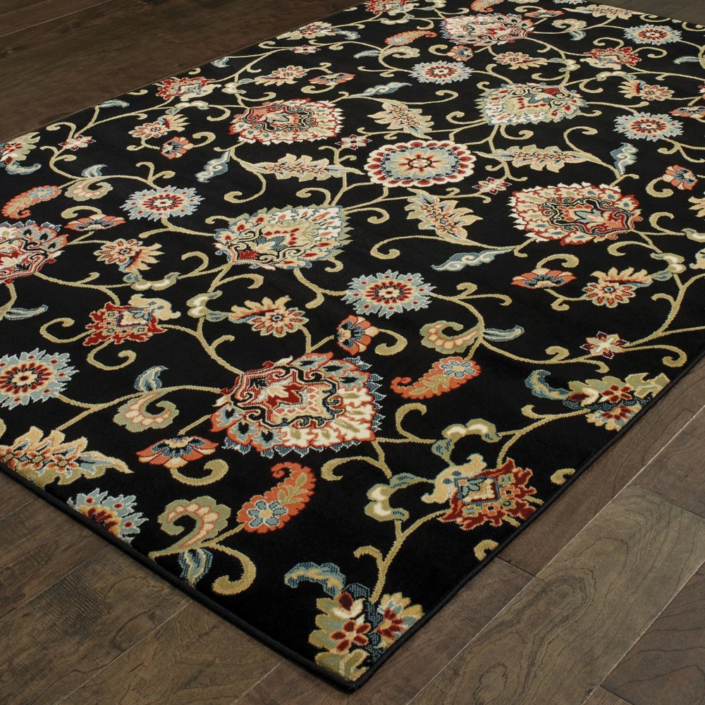 4' X 6' Black Red Green Ivory Salmon And Yellow Floral Power Loom Stain Resistant Area Rug