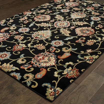 4' X 6' Black Red Green Ivory Salmon And Yellow Floral Power Loom Stain Resistant Area Rug