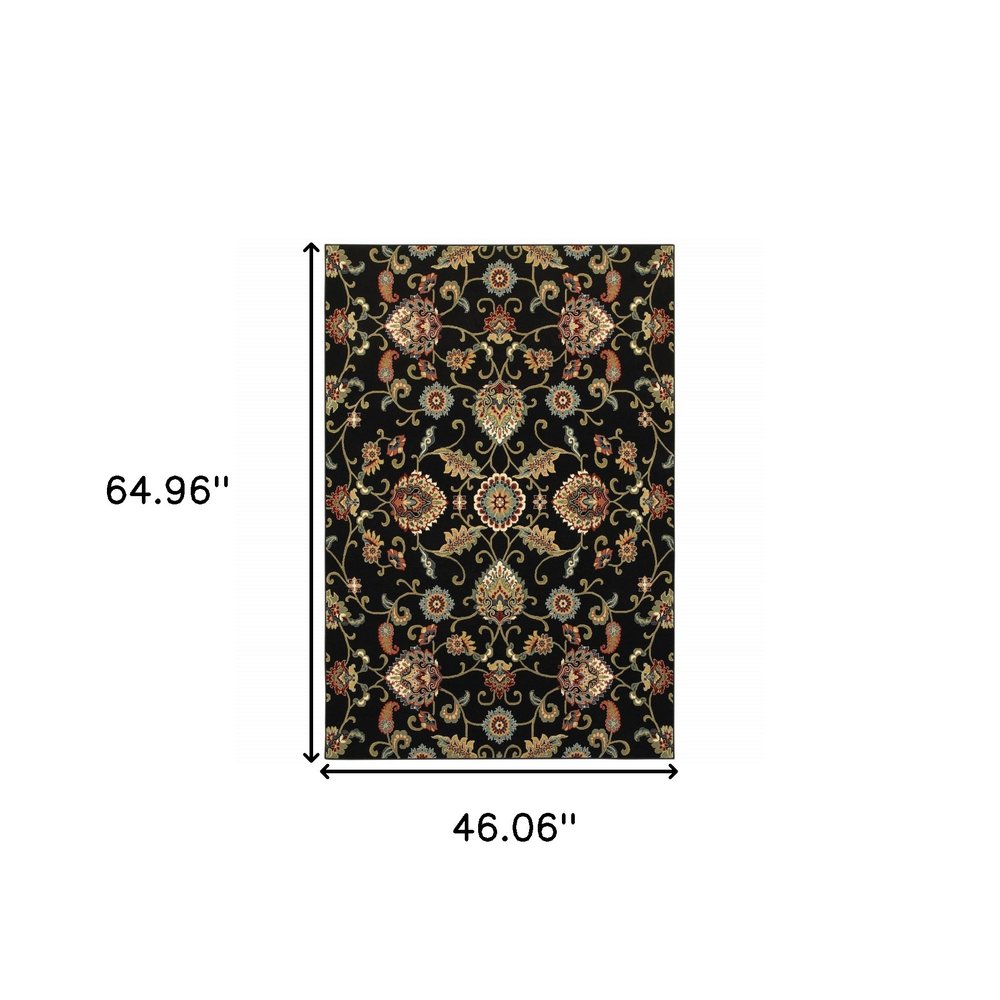 4' X 6' Black Red Green Ivory Salmon And Yellow Floral Power Loom Stain Resistant Area Rug