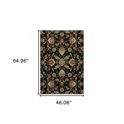 4' X 6' Black Red Green Ivory Salmon And Yellow Floral Power Loom Stain Resistant Area Rug