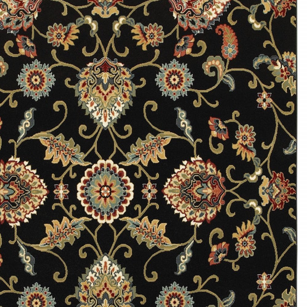 4' X 6' Black Red Green Ivory Salmon And Yellow Floral Power Loom Stain Resistant Area Rug