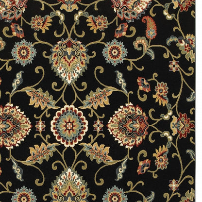 4' X 6' Black Red Green Ivory Salmon And Yellow Floral Power Loom Stain Resistant Area Rug