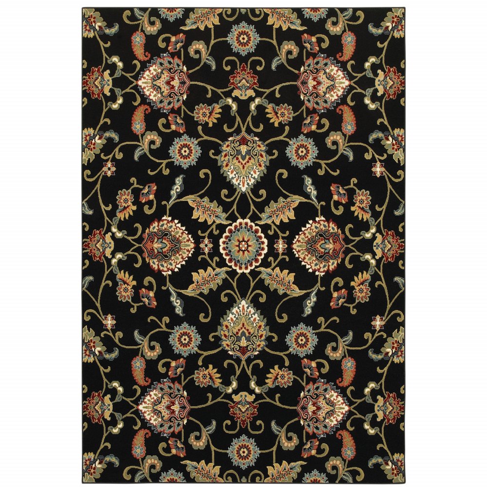 4' X 6' Black Red Green Ivory Salmon And Yellow Floral Power Loom Stain Resistant Area Rug