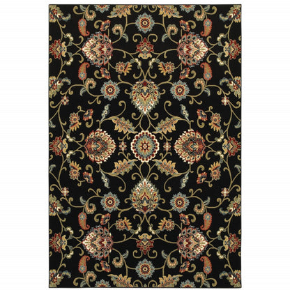 4' X 6' Black Red Green Ivory Salmon And Yellow Floral Power Loom Stain Resistant Area Rug