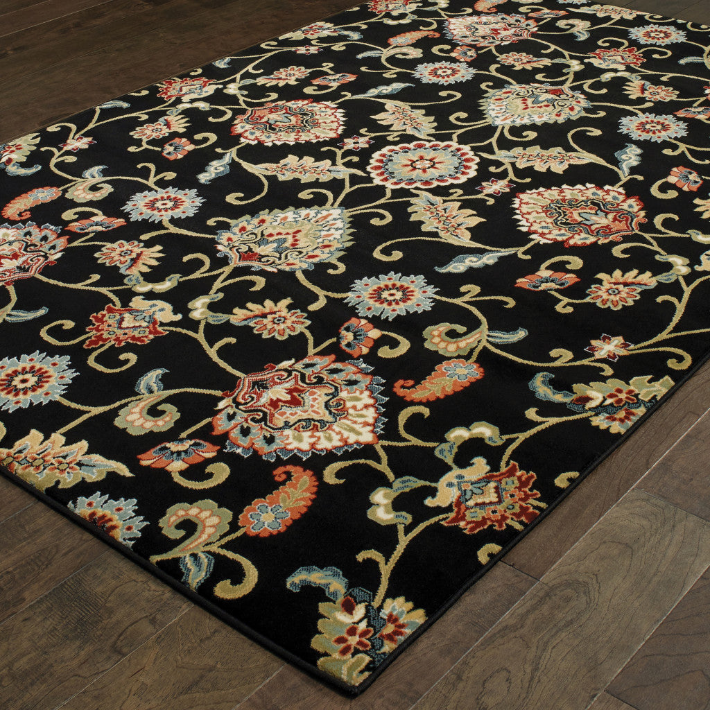 8' X 11' Black Red Green Ivory Salmon And Yellow Floral Power Loom Stain Resistant Area Rug