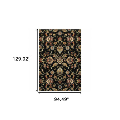 8' X 11' Black Red Green Ivory Salmon And Yellow Floral Power Loom Stain Resistant Area Rug