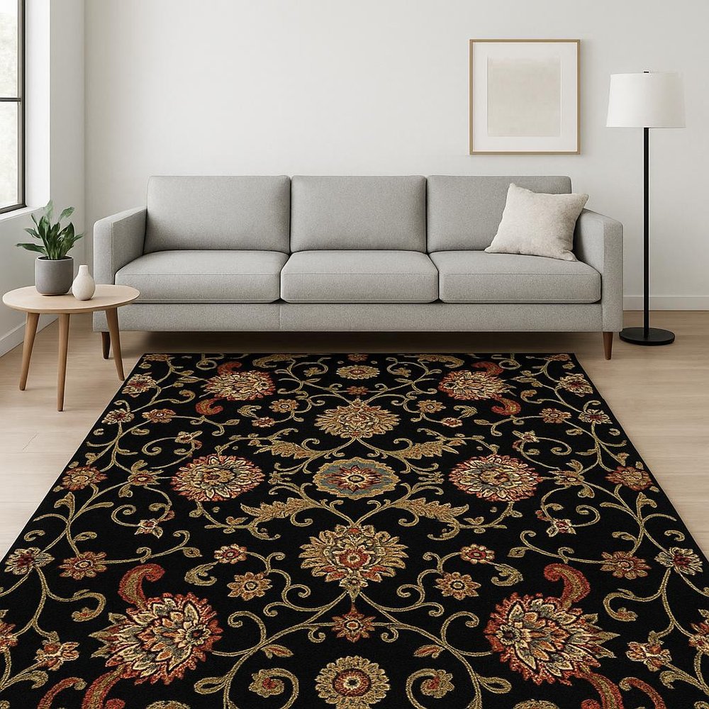 8' X 11' Black Red Green Ivory Salmon And Yellow Floral Power Loom Stain Resistant Area Rug