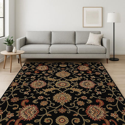 8' X 11' Black Red Green Ivory Salmon And Yellow Floral Power Loom Stain Resistant Area Rug