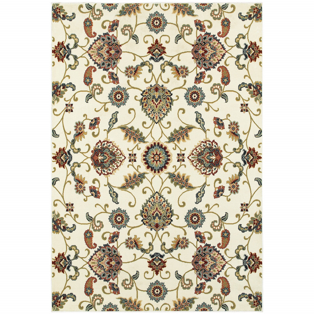 2' X 4' Ivory Green Blue Red Salmon And Yellow Floral Power Loom Stain Resistant Area Rug