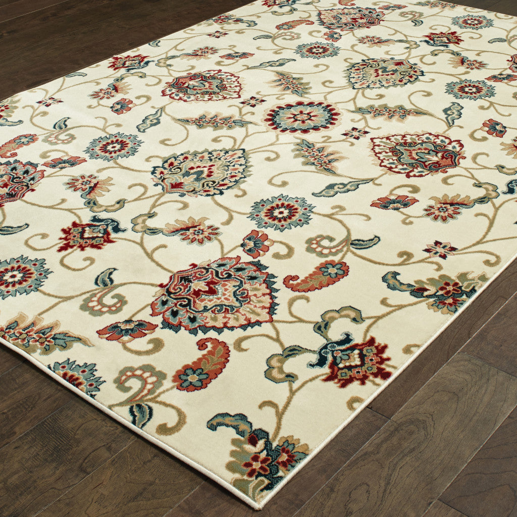 2' X 4' Ivory Green Blue Red Salmon And Yellow Floral Power Loom Stain Resistant Area Rug