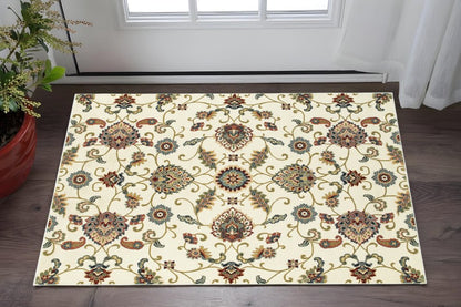 2' X 4' Ivory Green Blue Red Salmon And Yellow Floral Power Loom Stain Resistant Area Rug