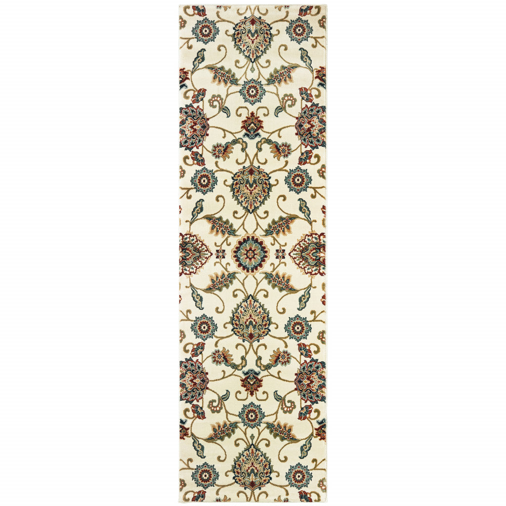 2' X 8' Ivory Floral Power Loom Stain Resistant Runner Rug