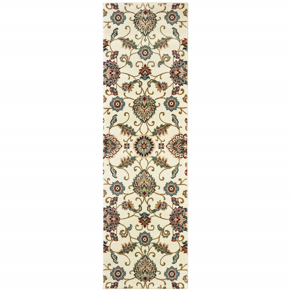 2' X 8' Ivory Floral Power Loom Stain Resistant Runner Rug