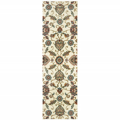 2' X 8' Ivory Floral Power Loom Stain Resistant Runner Rug