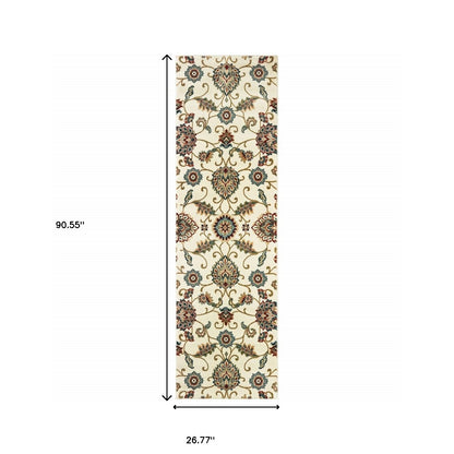 2' X 8' Ivory Floral Power Loom Stain Resistant Runner Rug